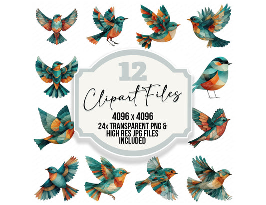 Scandinavian Bird Geometric clipart set with transparent PNGs and high resolution JPGs for crafting and design projects