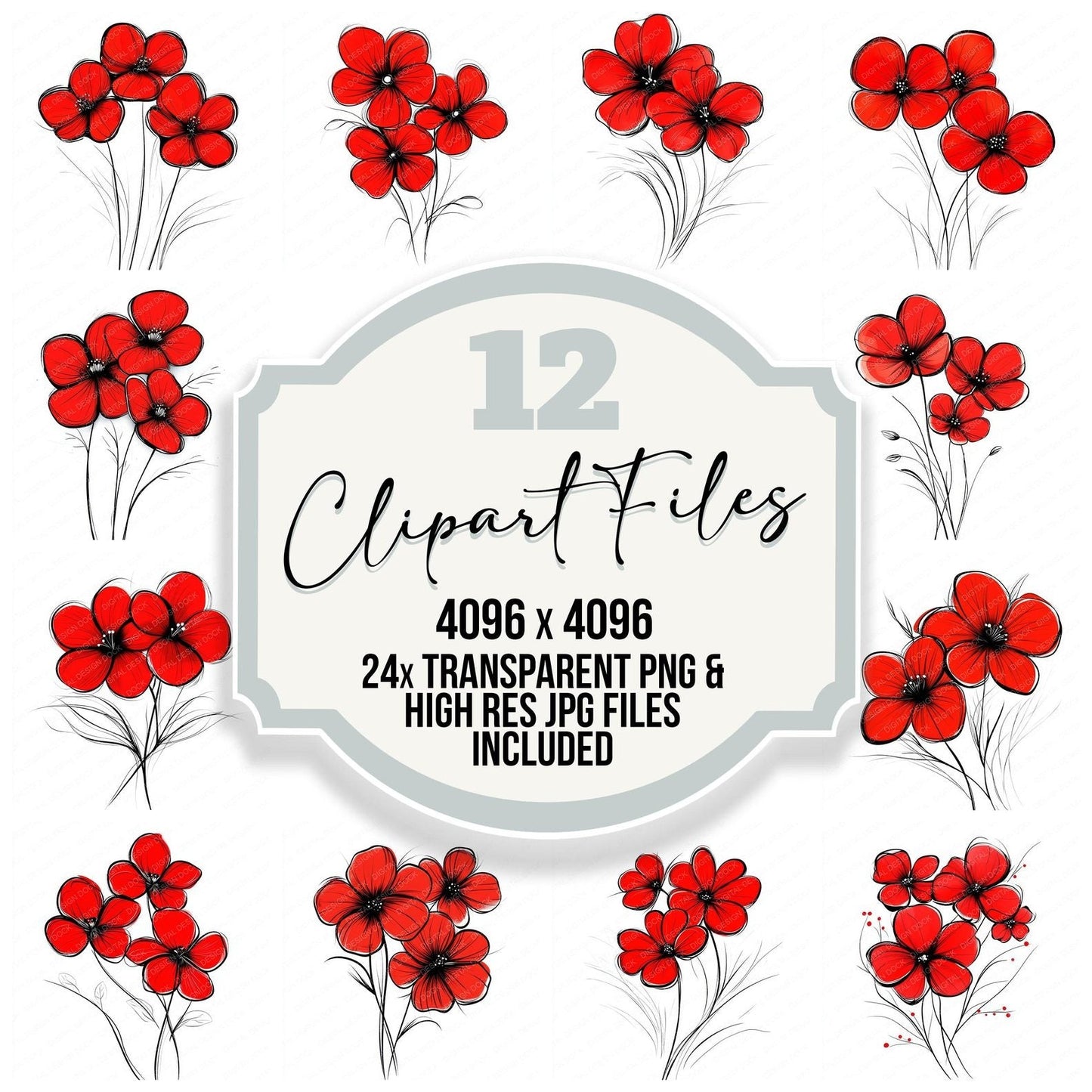 Scarlet Red Abstract Flowers Clipart Set (DDD006515)
