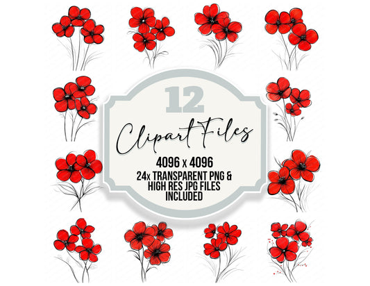 Scarlet Red Abstract Flowers clipart set with transparent PNGs and high resolution JPGs for crafting and design projects