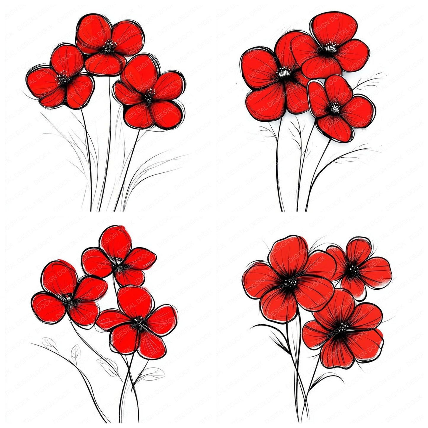 Scarlet Red Abstract Flowers Clipart Set (DDD006515)