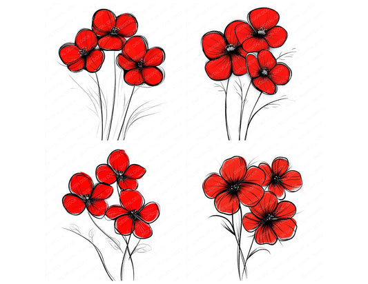 Preview layout showing Scarlet Red Abstract Flowers clipart elements for scrapbooking, junk journals, and card making