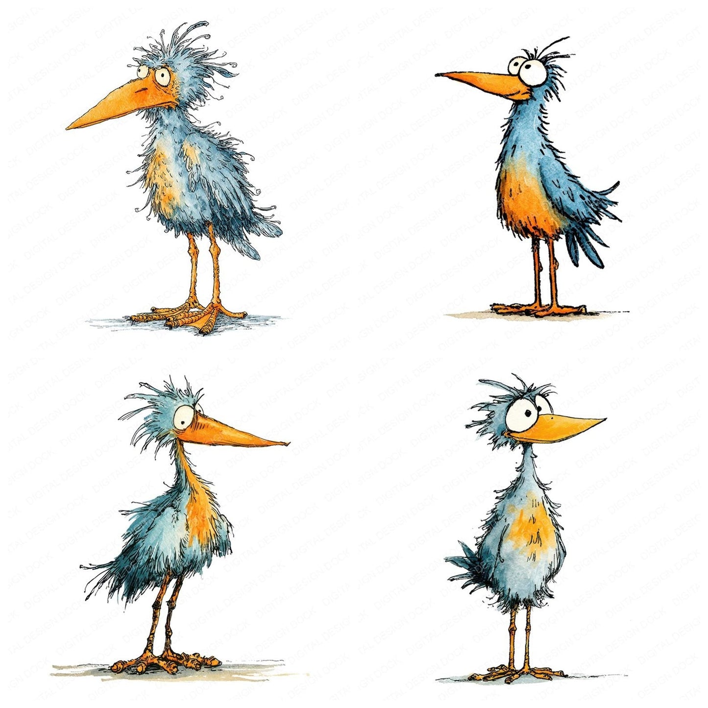 Scruffy Long Leg Bird Character Clipart Set (DDD006519)