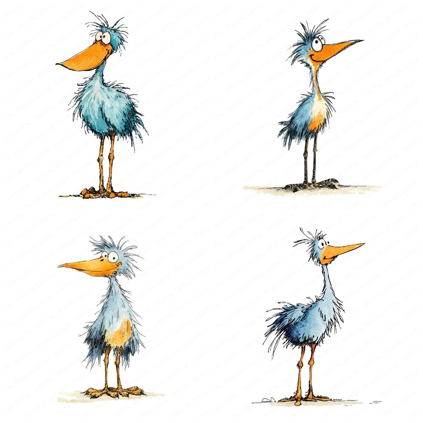Scruffy Long Leg Bird Character Clipart Set (DDD006519)