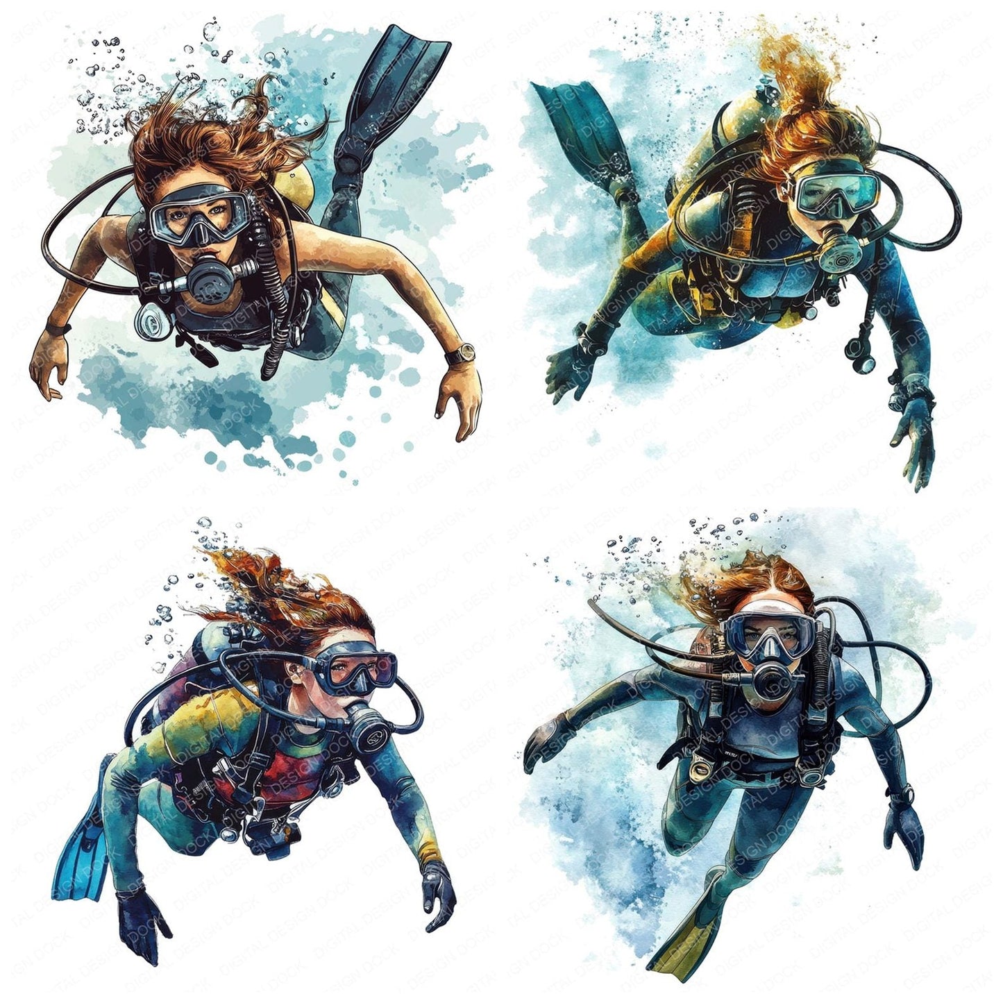 Scuba Diving Woman Clipart Set (DDD006520)