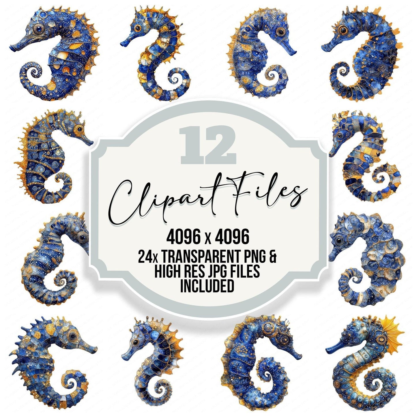 Sea Horse Baroque Blue and Gold Clipart Set (DDD006521)