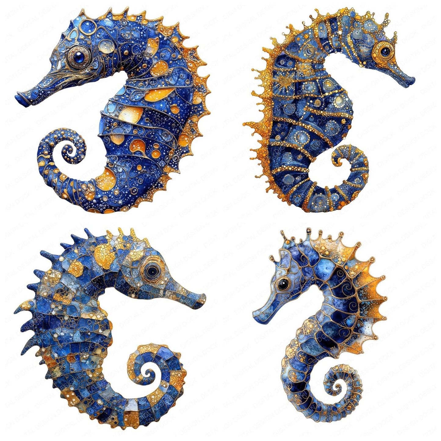 Sea Horse Baroque Blue and Gold Clipart Set (DDD006521)