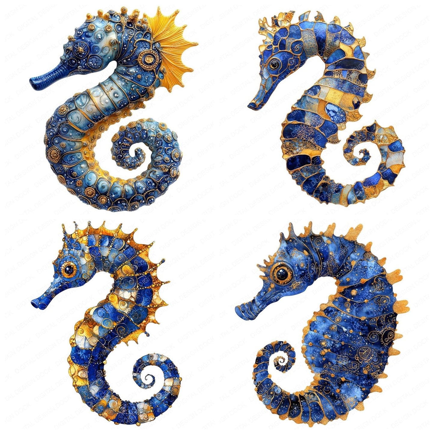 Sea Horse Baroque Blue and Gold Clipart Set (DDD006521)