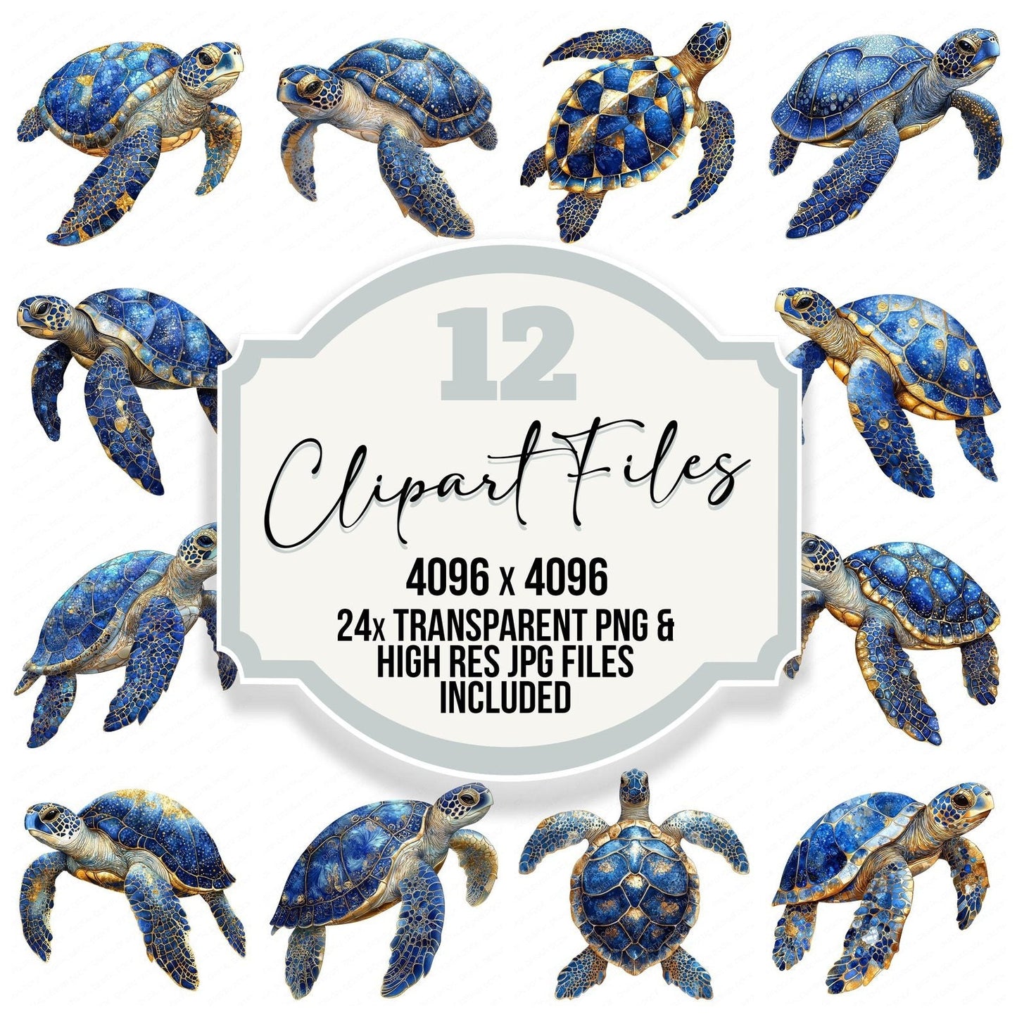 Sea Turtle Baroque Blue and Gold Clipart Set (DDD006522)