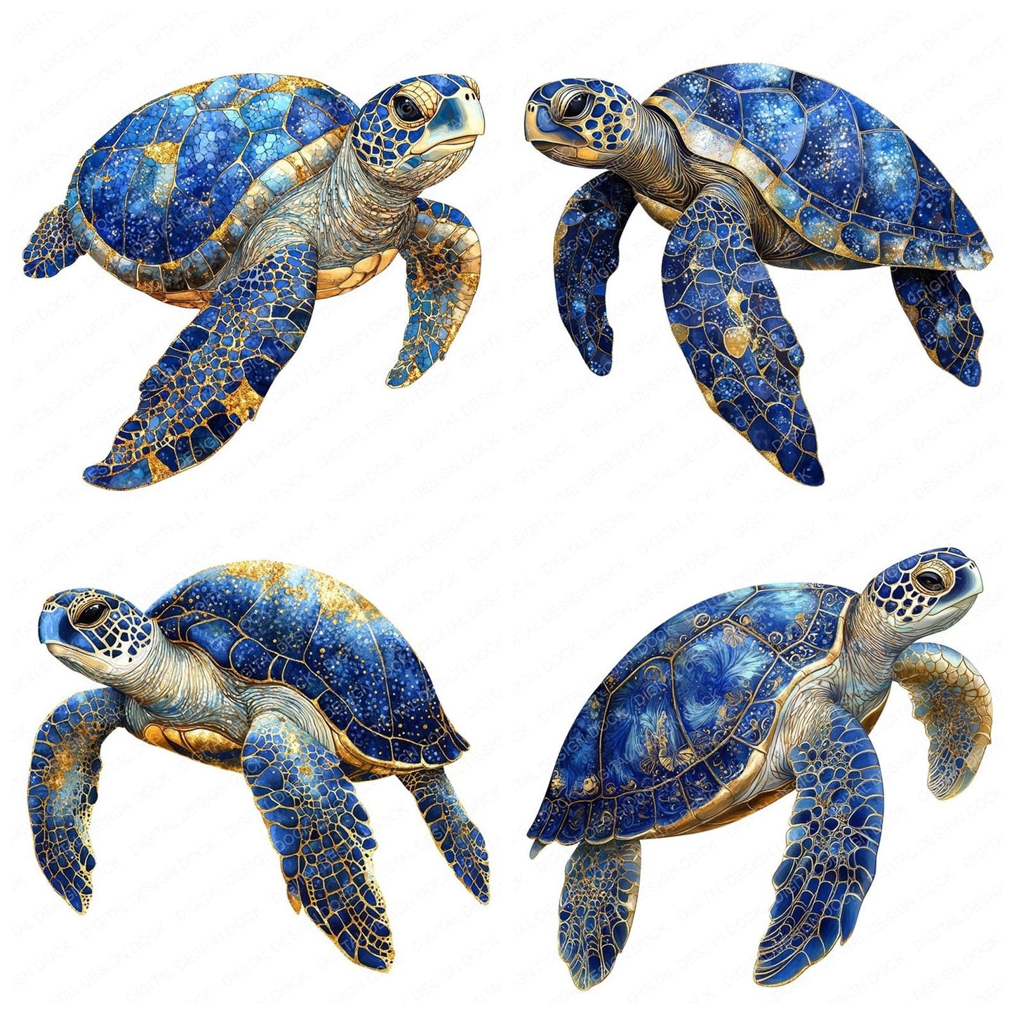 Sea Turtle Baroque Blue and Gold Clipart Set (DDD006522)