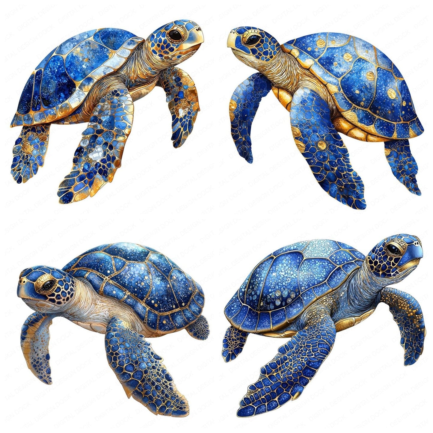 Sea Turtle Baroque Blue and Gold Clipart Set (DDD006522)