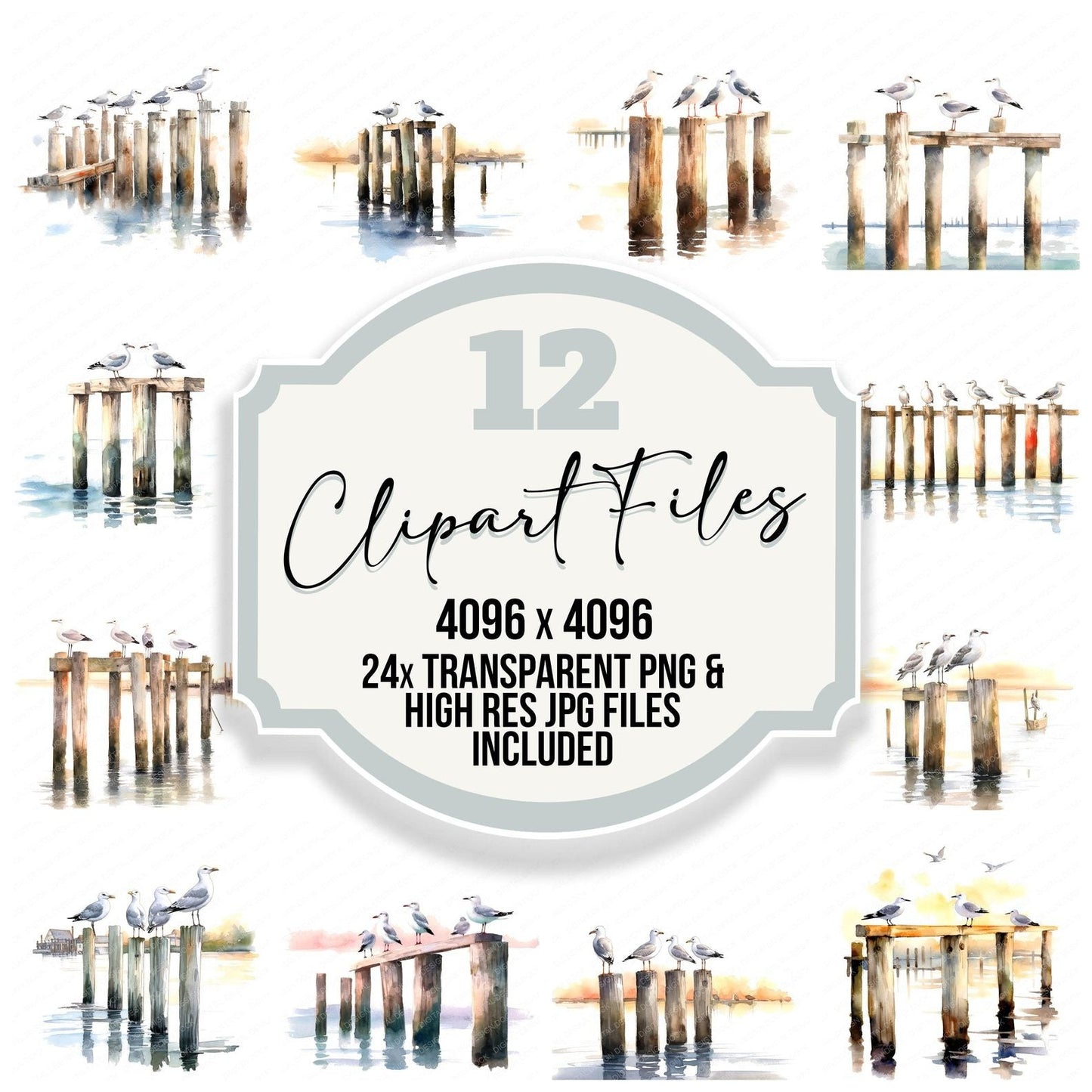 Seaguls Perched on Pier Posts Clipart Set (DDD006525)