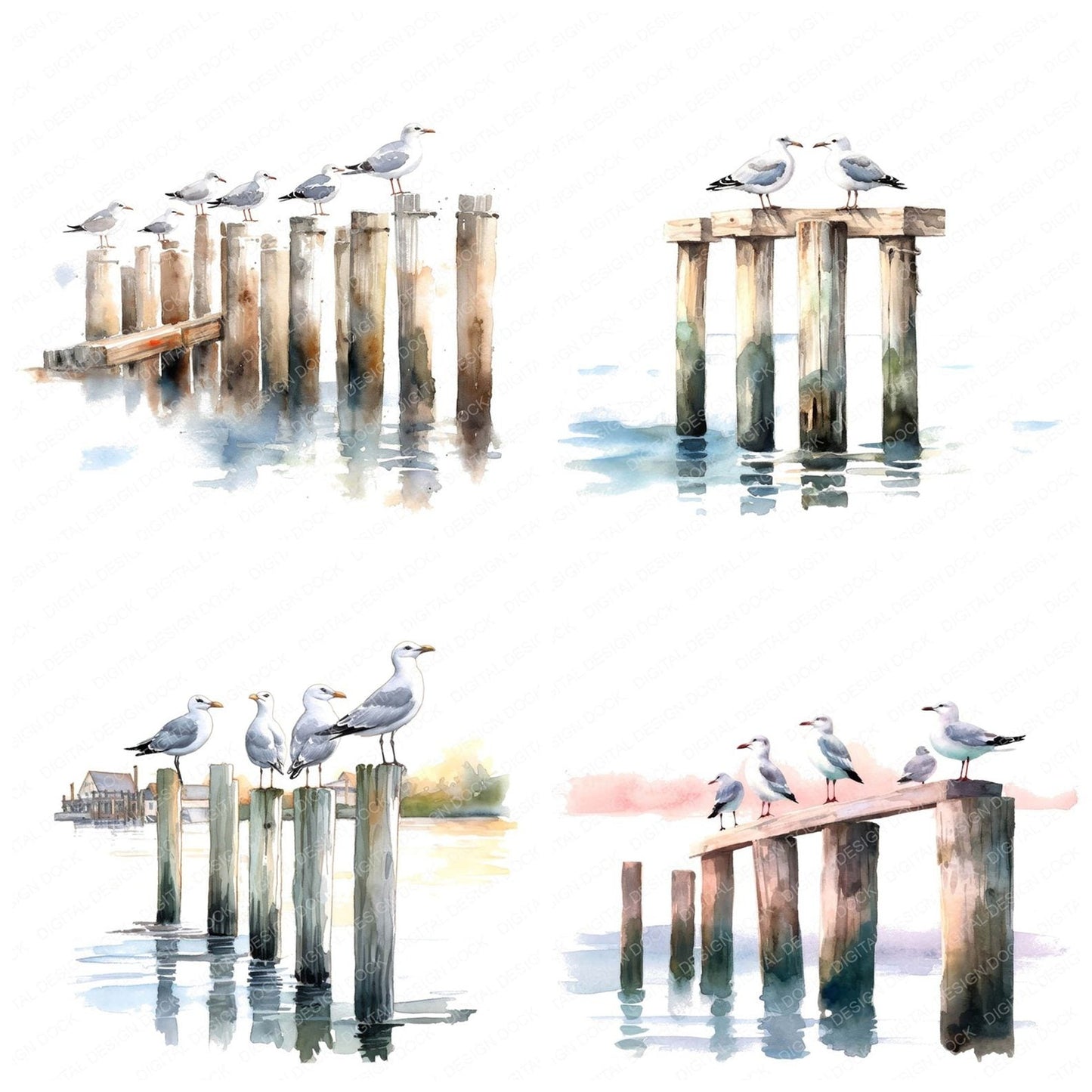 Seaguls Perched on Pier Posts Clipart Set (DDD006525)