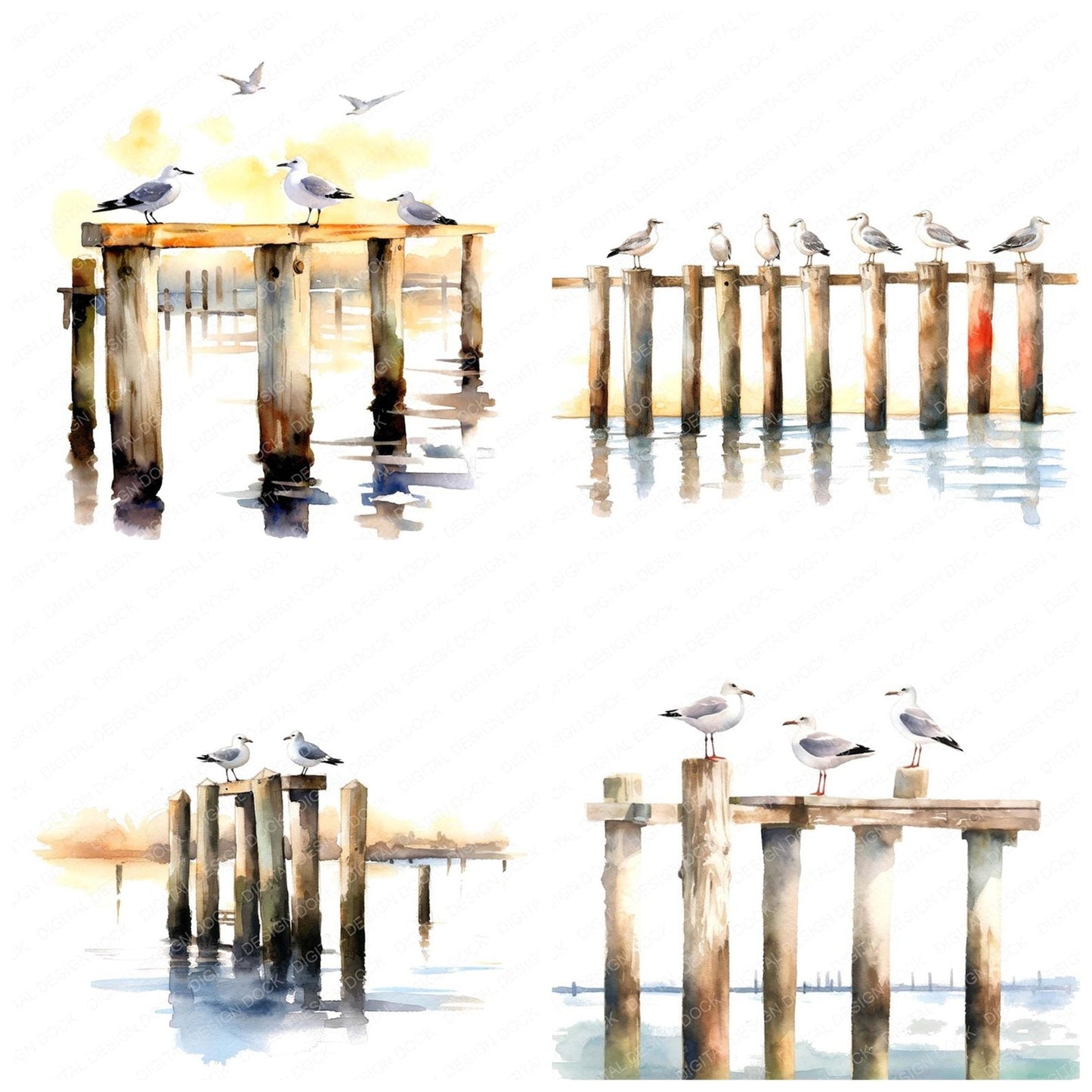 Seaguls Perched on Pier Posts Clipart Set (DDD006525)