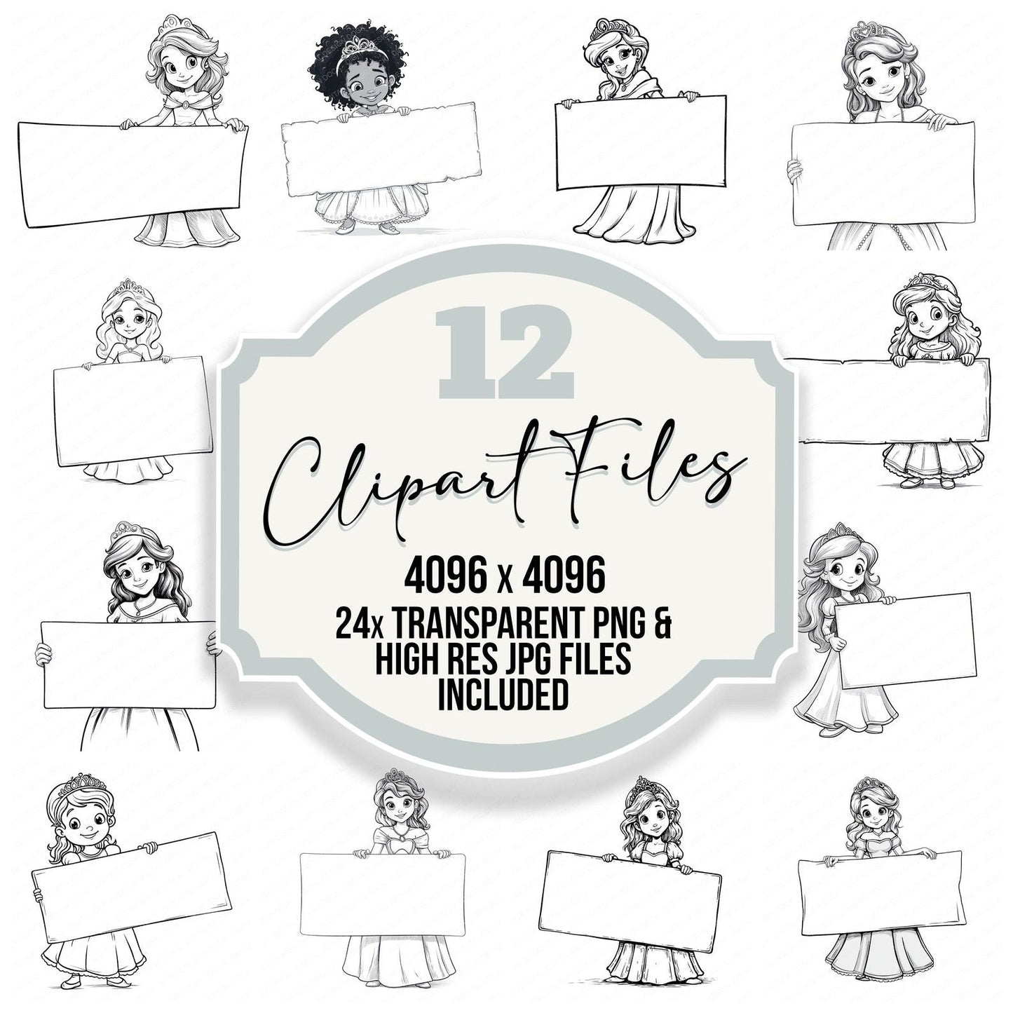 Sketch Princess Holding Blank Banner Clipart Set (DDD006560)