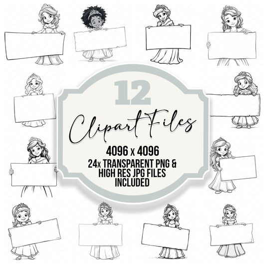 Sketch Princess Holding Blank Banner Clipart Set (DDD006560)