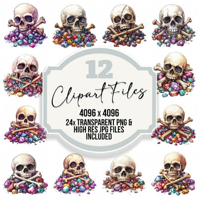 Skull and Cross Bones on Gems clipart set cover showing the designs and file details