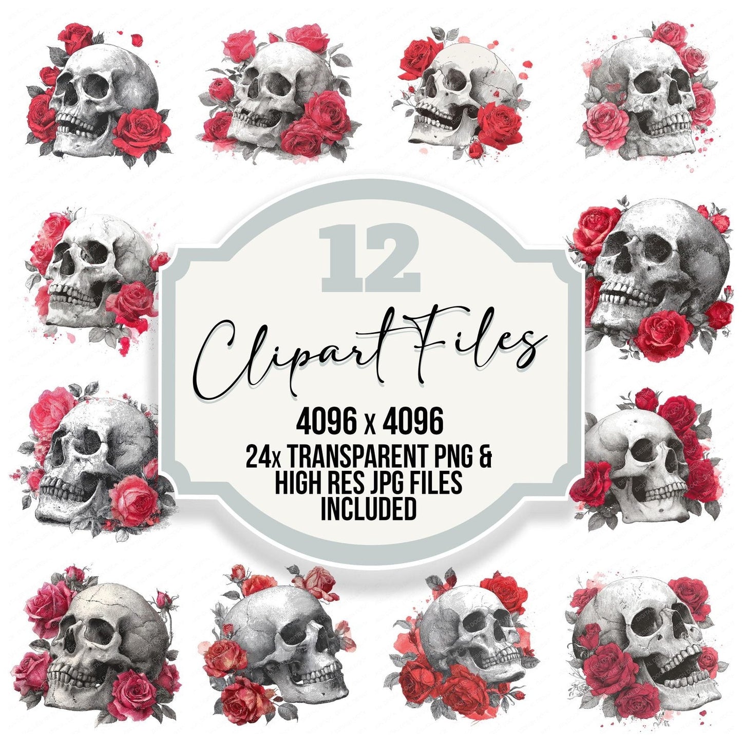 Skull Sketch Roses Clipart Set (DDD006568)