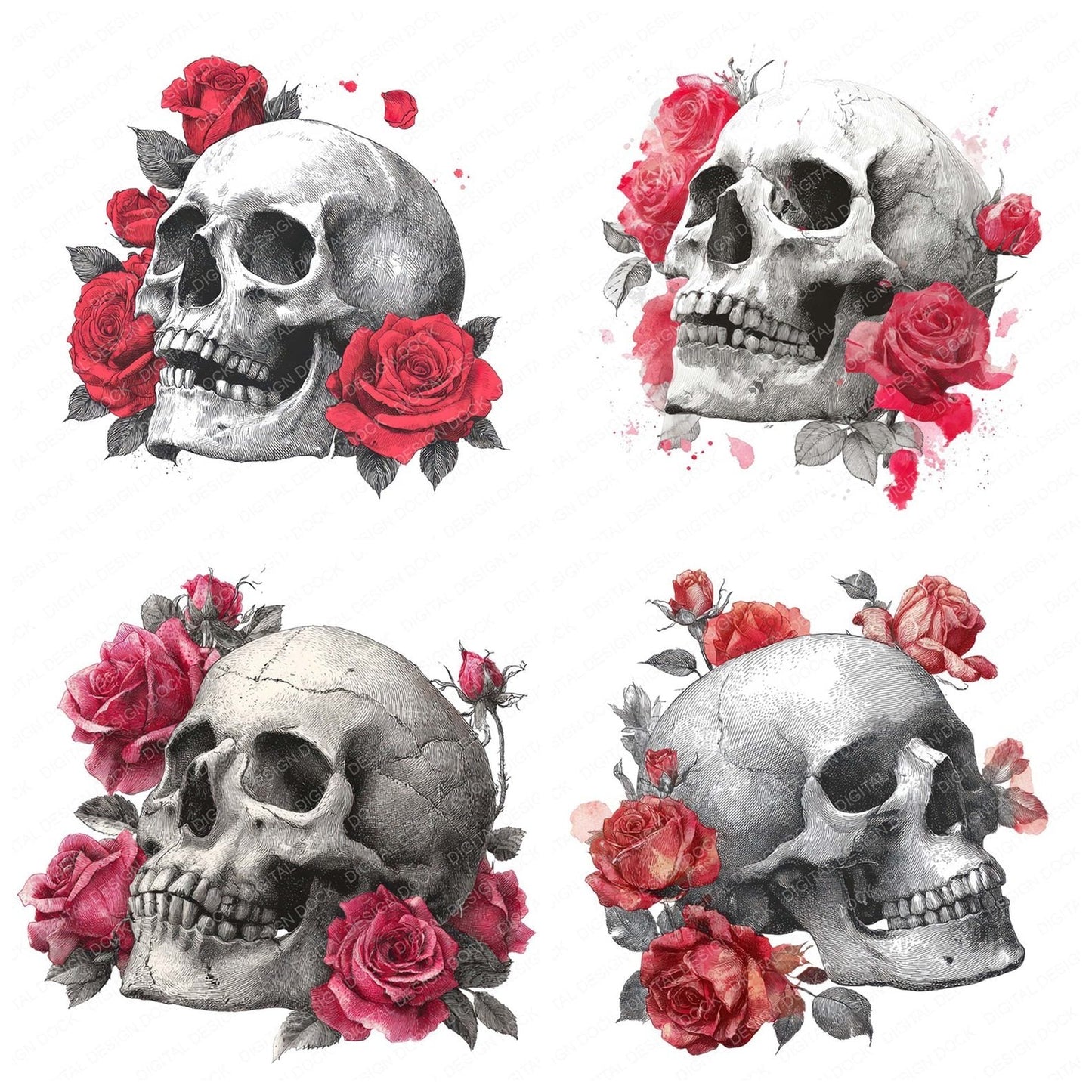 Skull Sketch Roses Clipart Set (DDD006568)