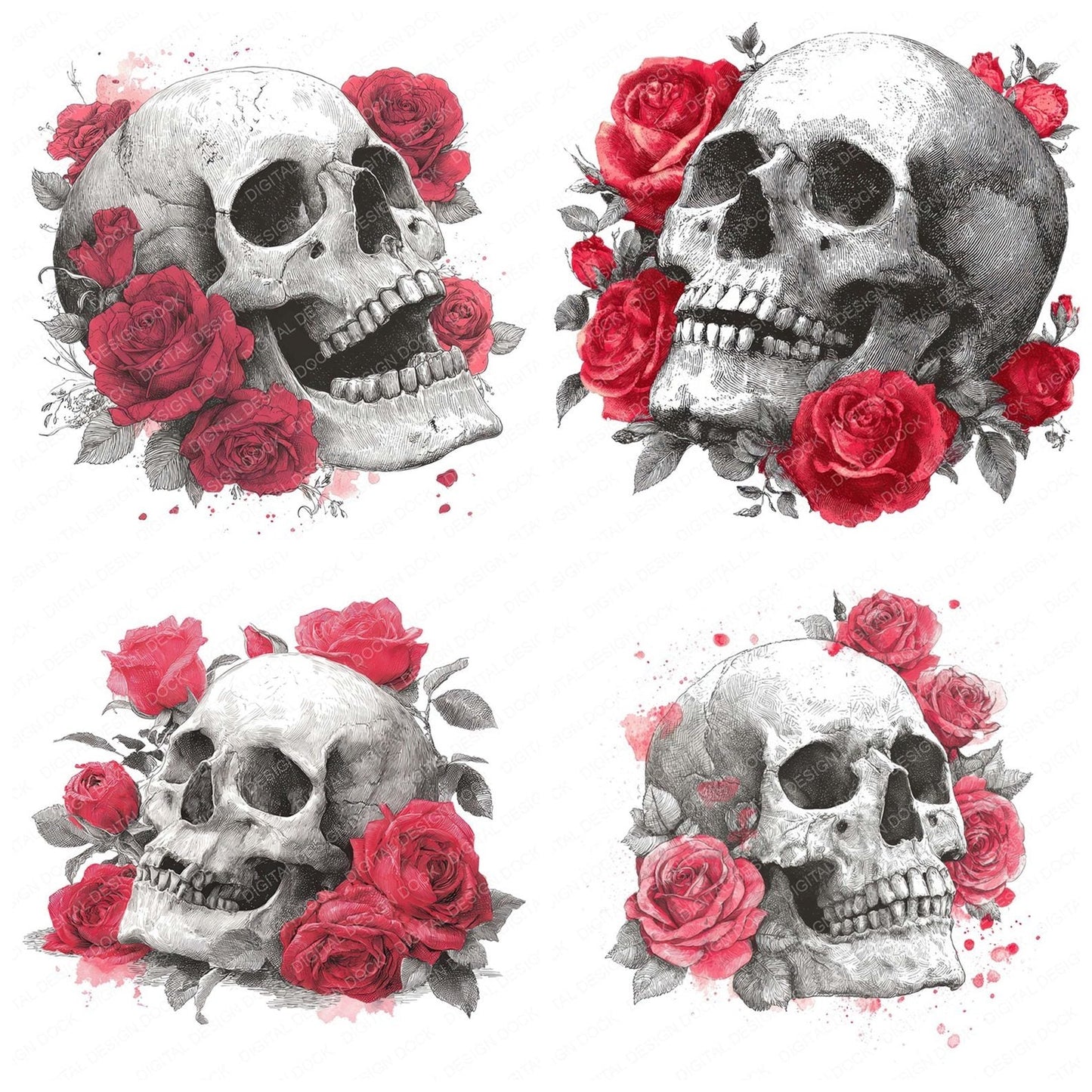 Skull Sketch Roses Clipart Set (DDD006568)