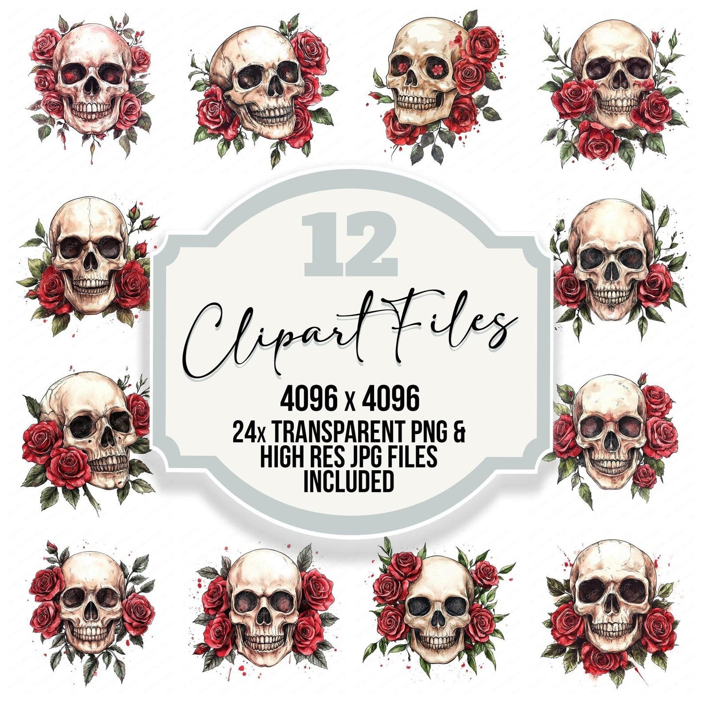 Skull with Red Roses Clipart Set (DDD006571)