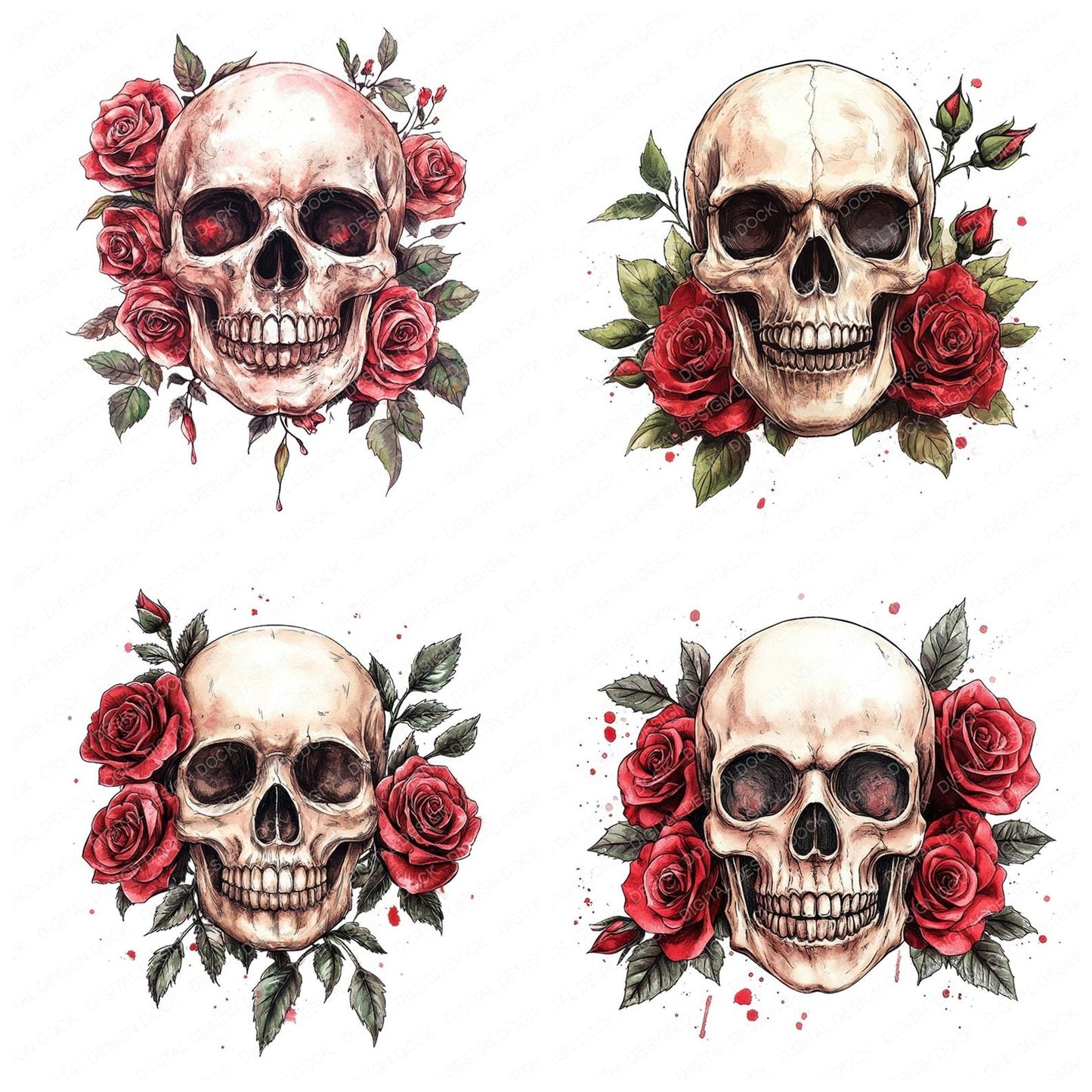 Skull with Red Roses Clipart Set (DDD006571)