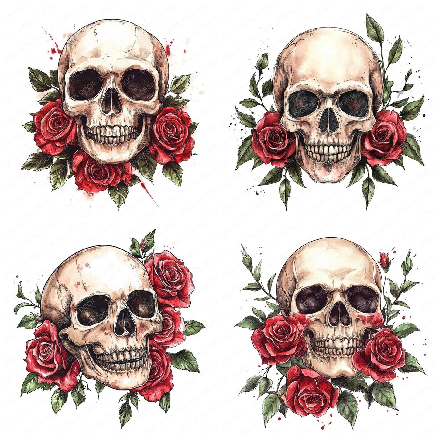 Skull with Red Roses Clipart Set (DDD006571)