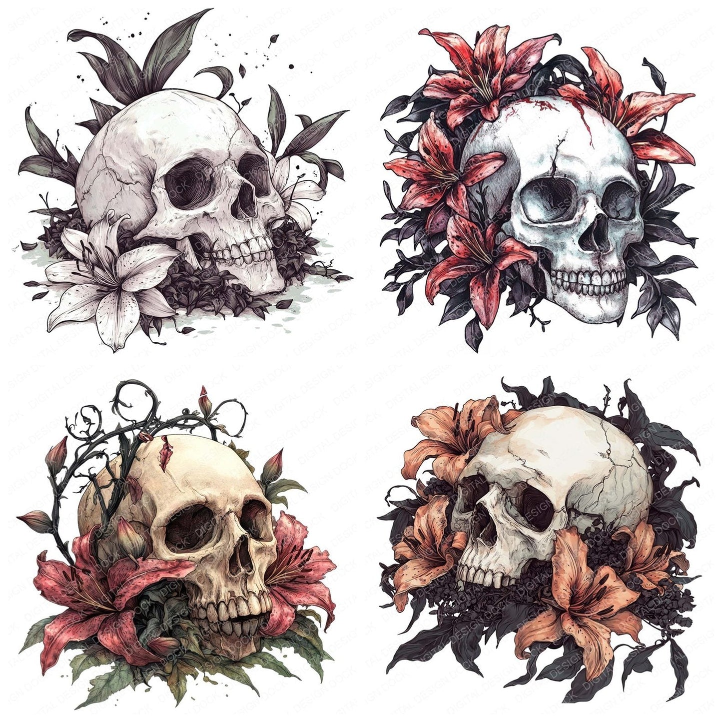 Skull with Wilted Lilies Clipart Set (DDD006572)