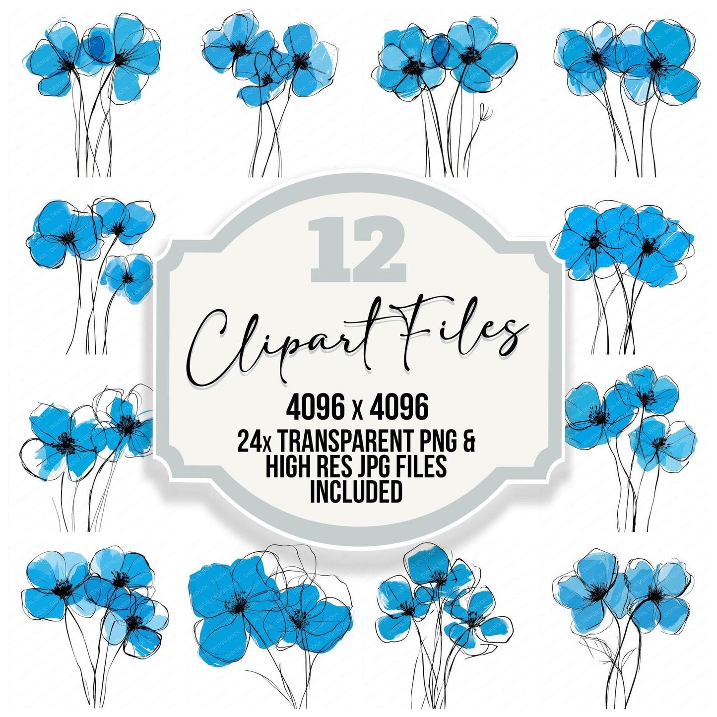 Sky Blue Abstract Flowers Clipart Set (DDD006573)