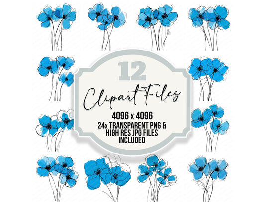 Sky Blue Abstract Flowers clipart set with transparent PNGs and high resolution JPGs for crafting and design projects