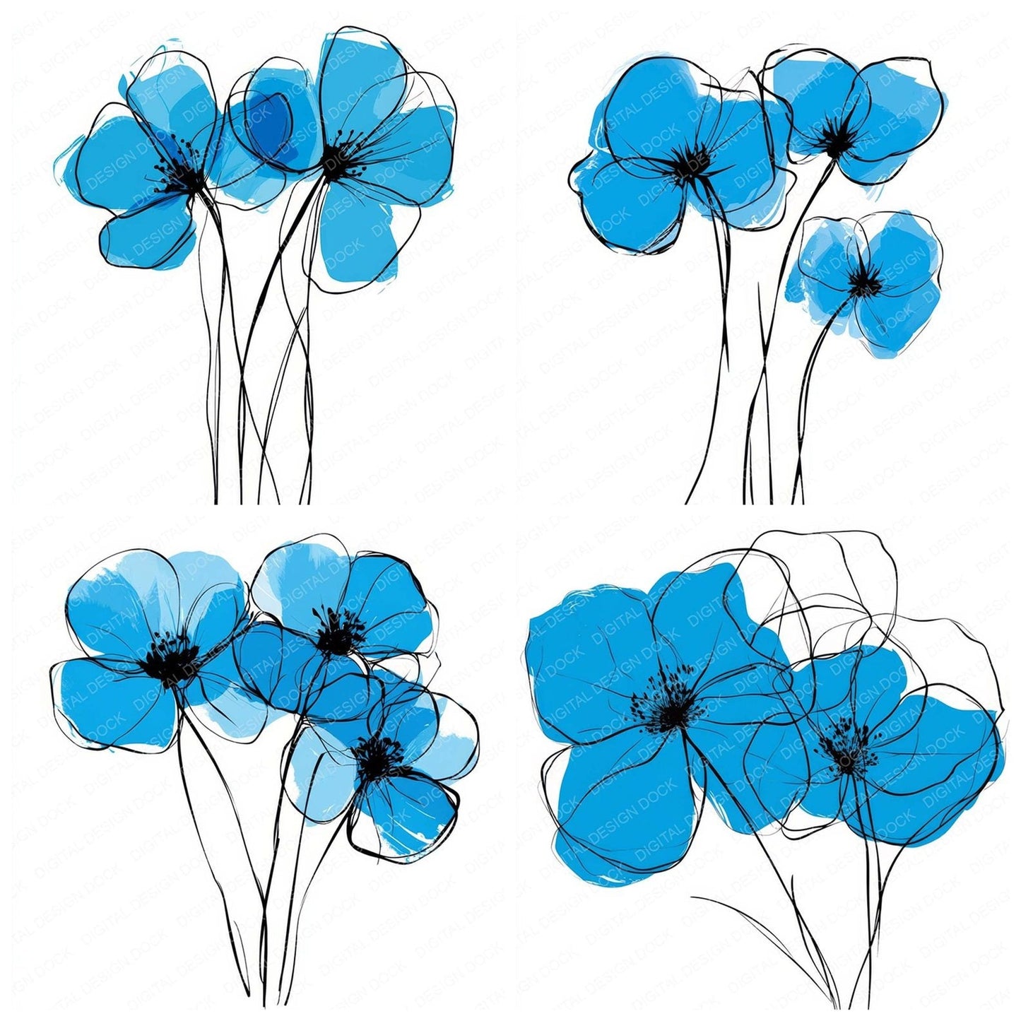 Sky Blue Abstract Flowers Clipart Set (DDD006573)