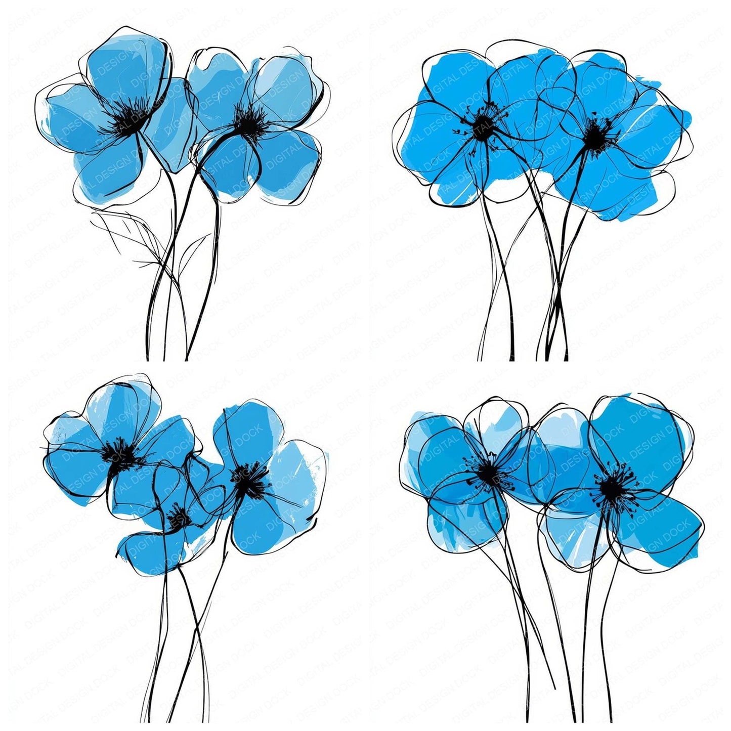 Sky Blue Abstract Flowers Clipart Set (DDD006573)