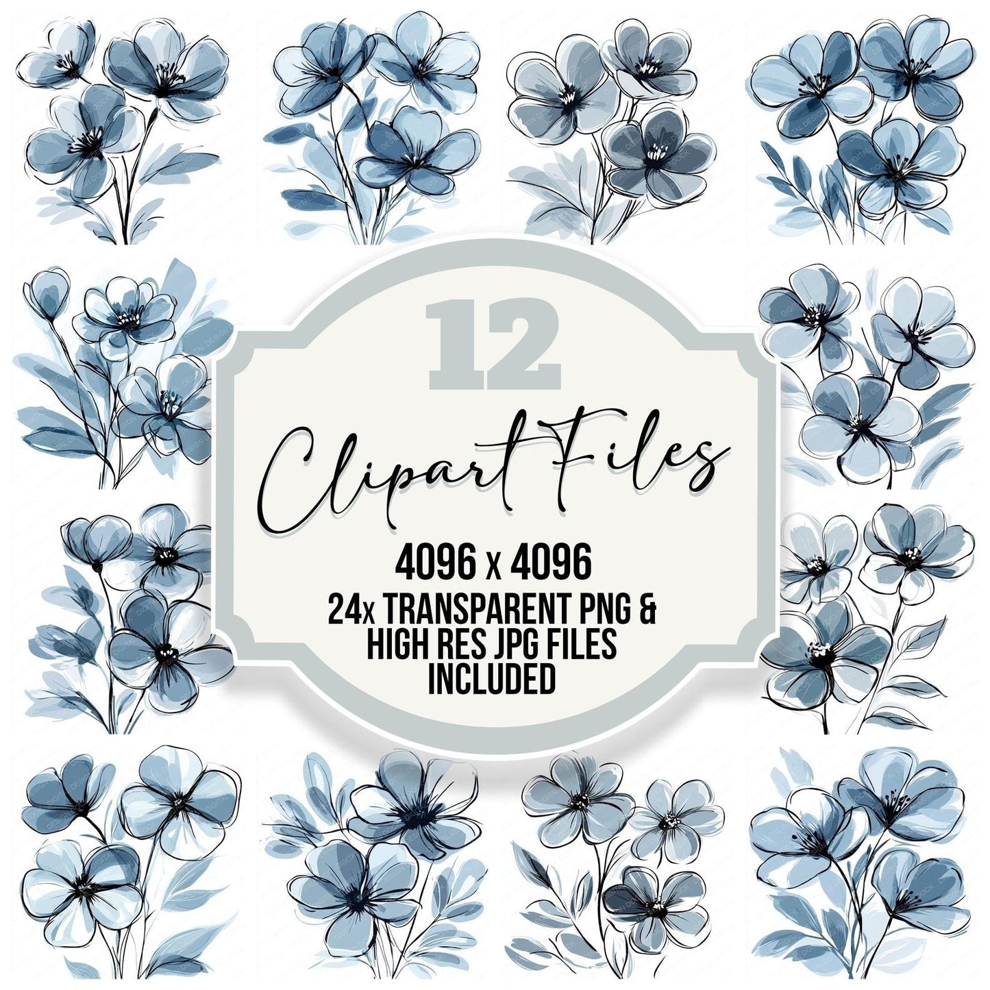 Slate Grey Abstract Flowers Clipart Set (DDD006574)