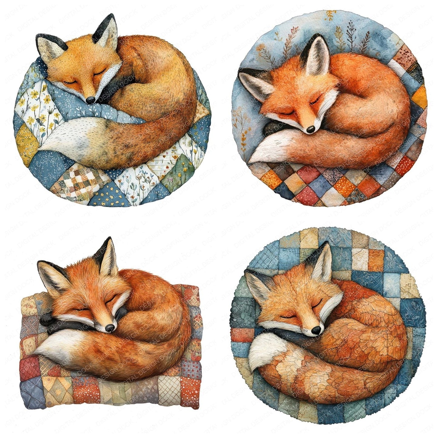 Sleeping Fox on Quilt Clipart Set (DDD006578)