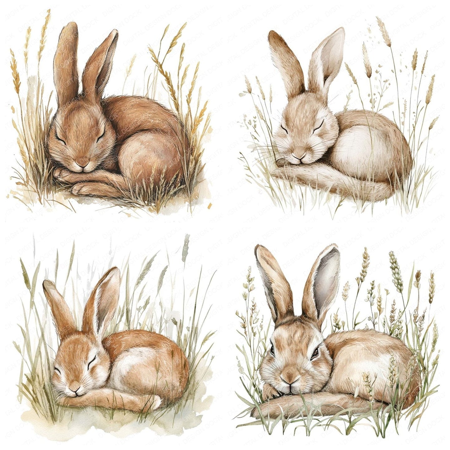 Sleepy Hare in Tall Grass Clipart Set (DDD006579)