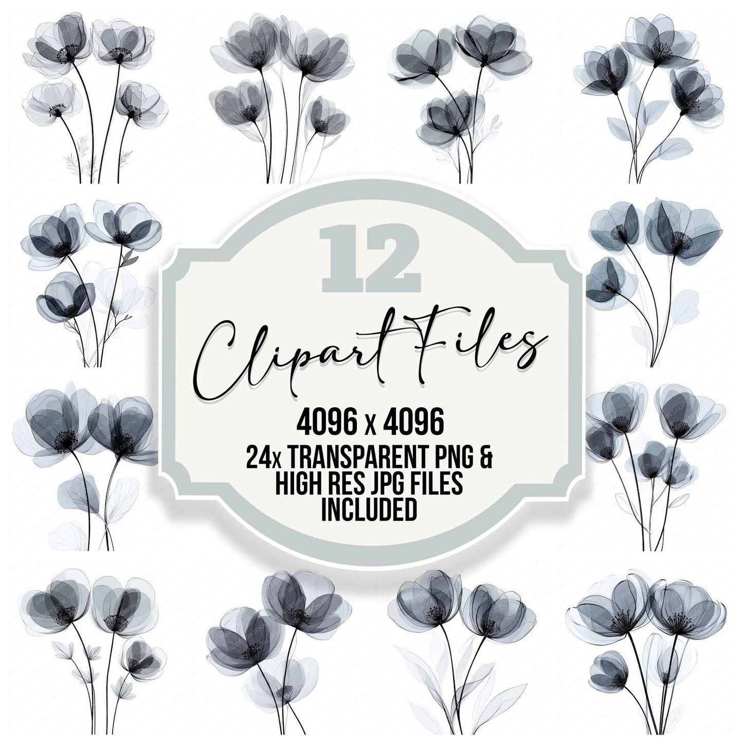 Smoke Grey Abstract Flowers Clipart Set (DDD006592)