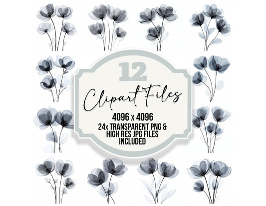 Smoke Grey Abstract Flowers clipart set with transparent PNGs and high resolution JPGs for crafting and design projects