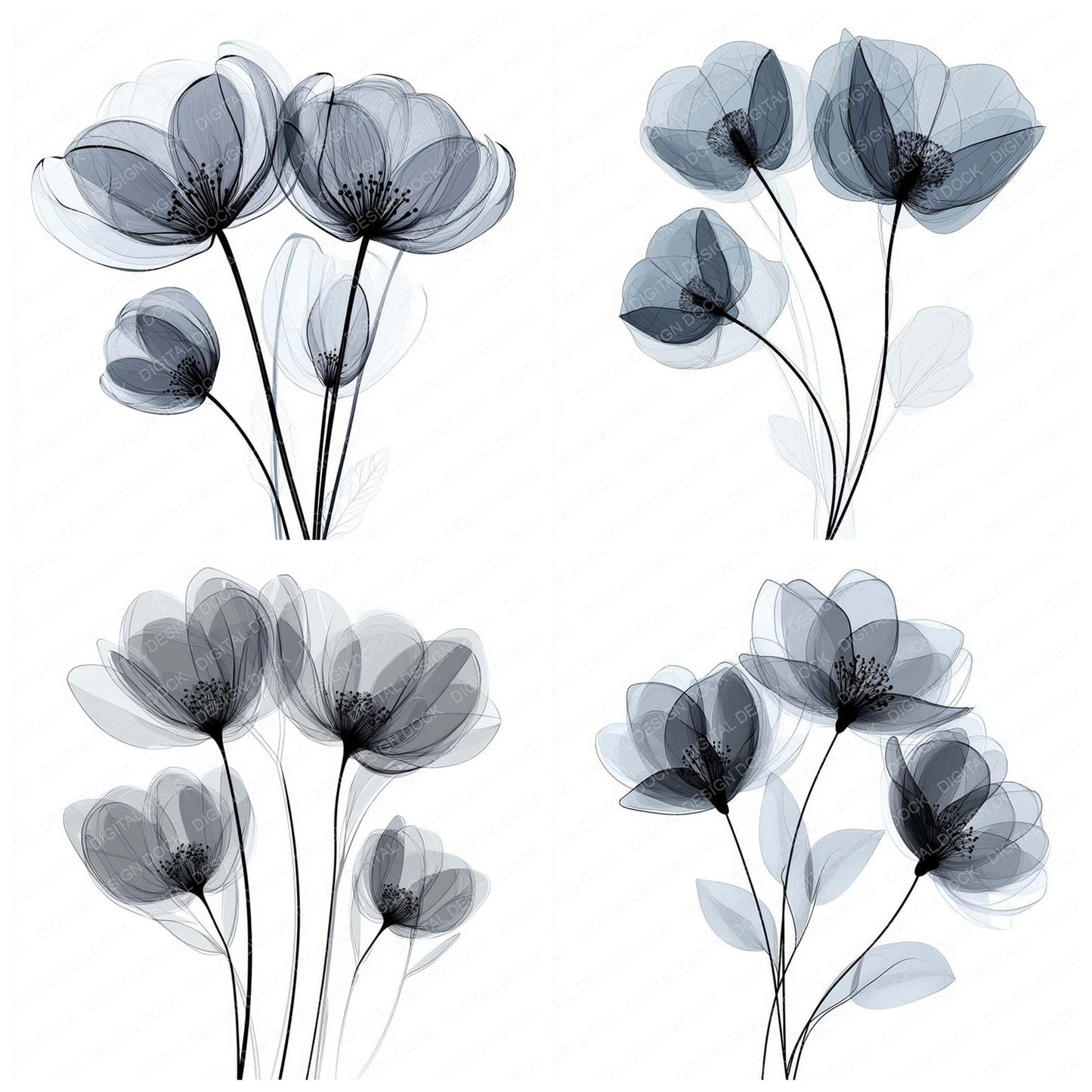 Smoke Grey Abstract Flowers Clipart Set (DDD006592)