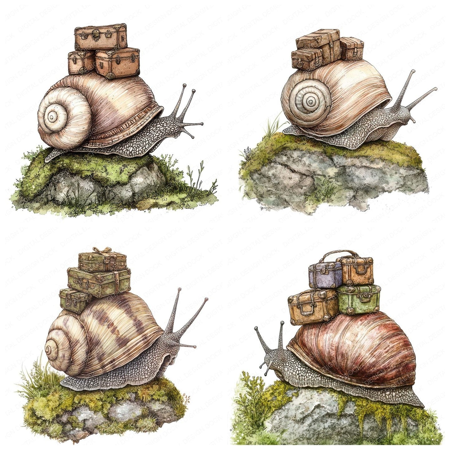 Snail with Tiny Suitcase Clipart Set (DDD006598)