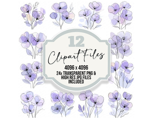 Soft Lavender Abstract Flowers clipart set with transparent PNGs and high resolution JPGs for crafting and design projects