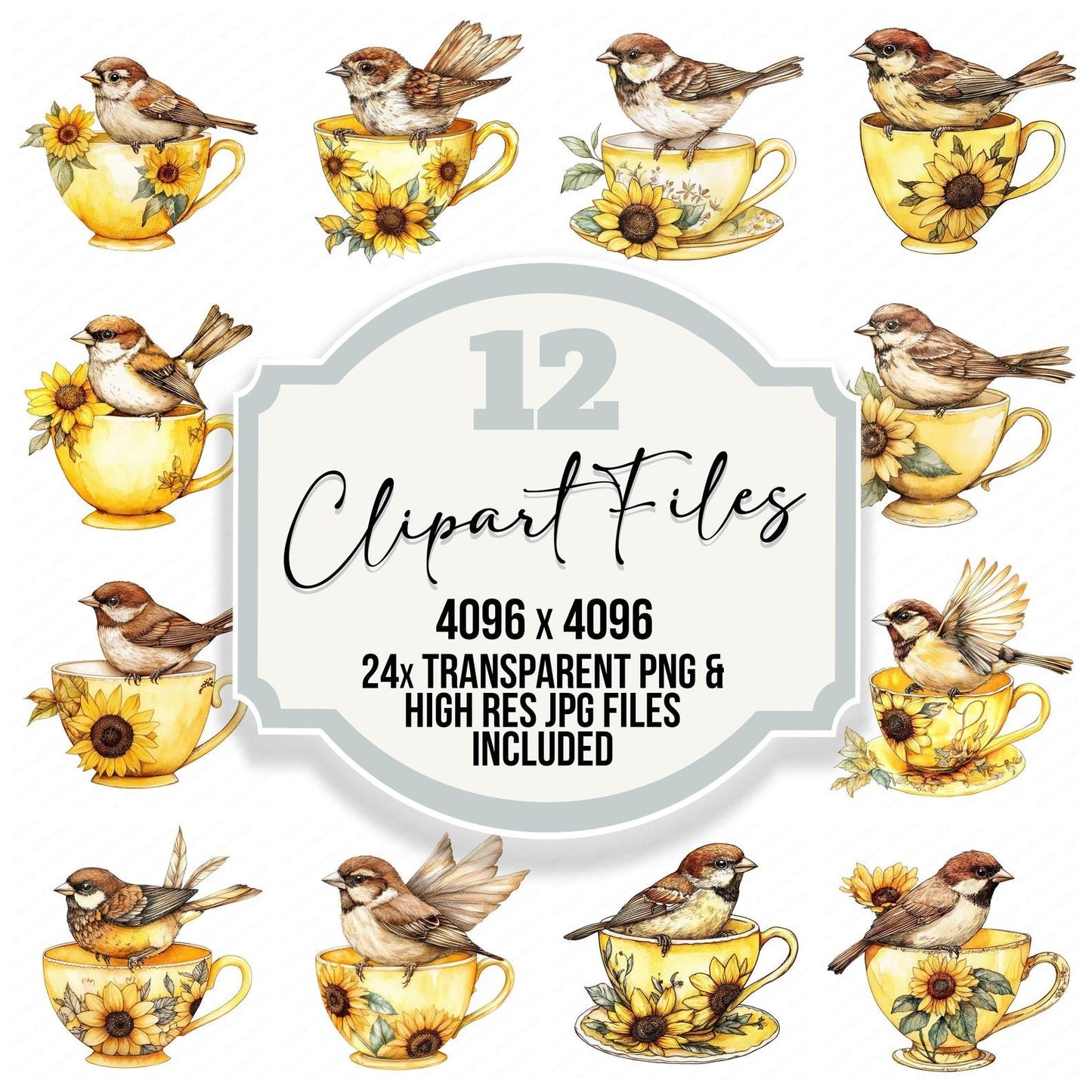 Sparrow in Sunflower Teacup Clipart Set (DDD006628)