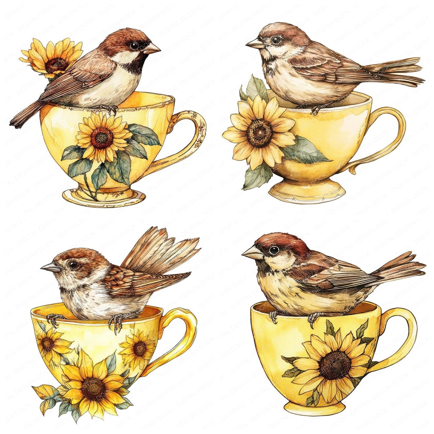 Sparrow in Sunflower Teacup Clipart Set (DDD006628)