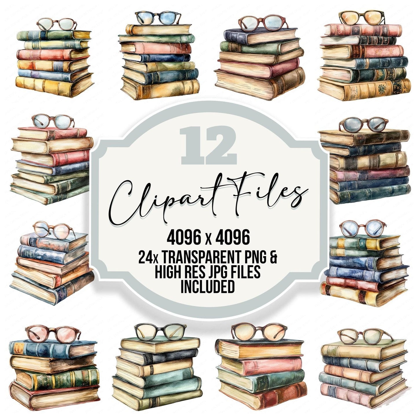 Stacked Books with Glasses Clipart Set (DDD006644)