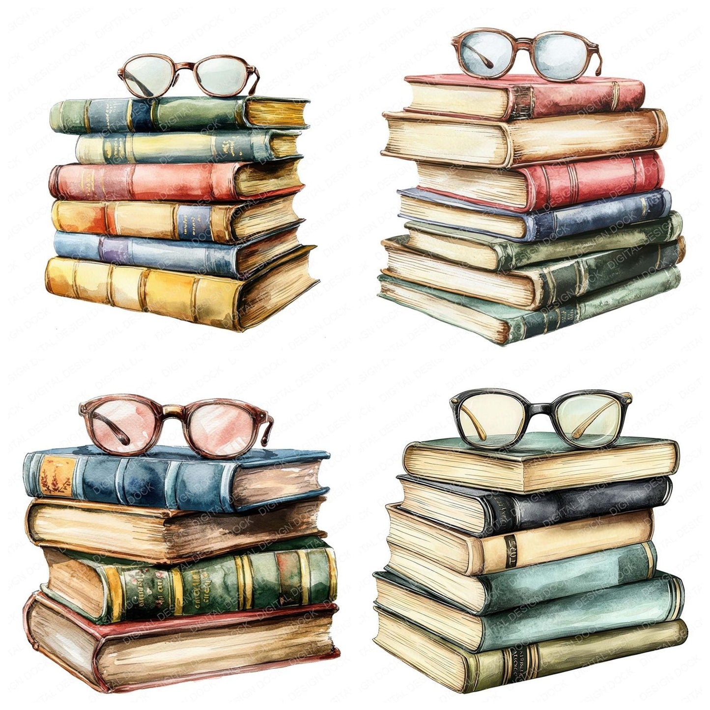 Stacked Books with Glasses Clipart Set (DDD006644)