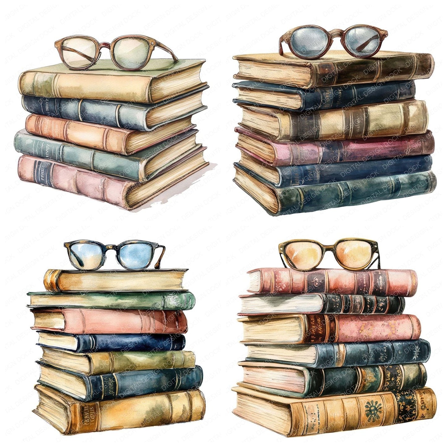 Stacked Books with Glasses Clipart Set (DDD006644)