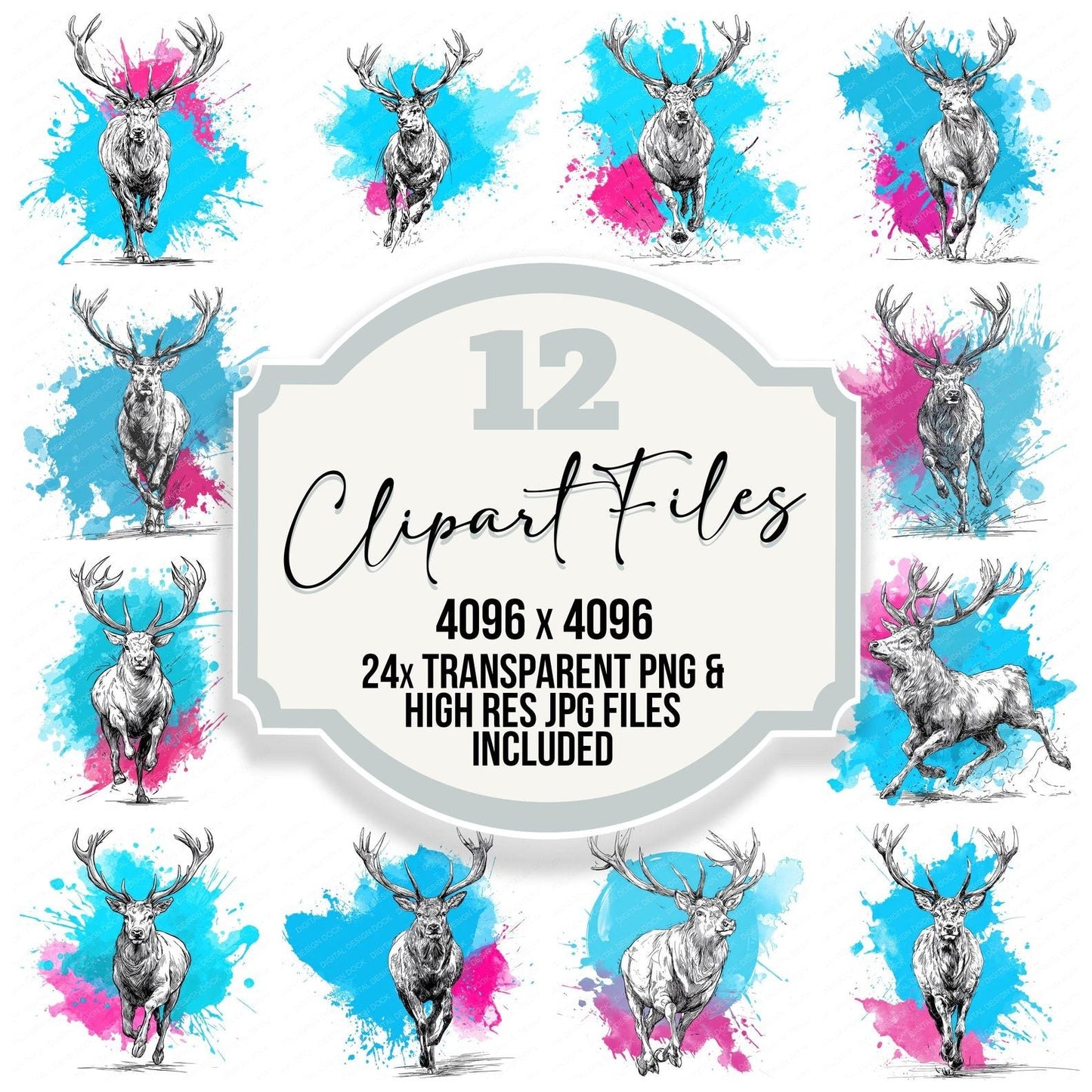 Stag Neon Colour Splash Clipart Set (DDD006649)