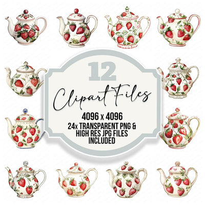 Strawberry Porcelain Teapot clipart set cover showing the designs and file details