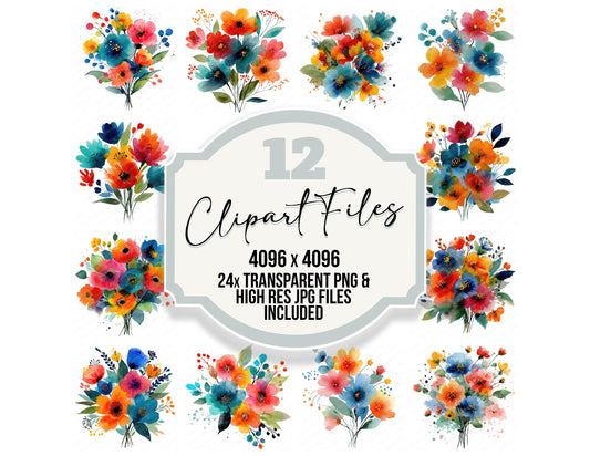 Summer Abstract Wildflower Bouquet clipart set with transparent PNGs and high resolution JPGs for crafting and design projects