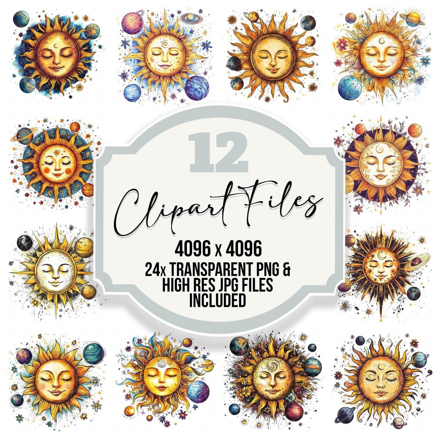 Sun Face with Orbiting Planets Clipart Set (DDD006677)