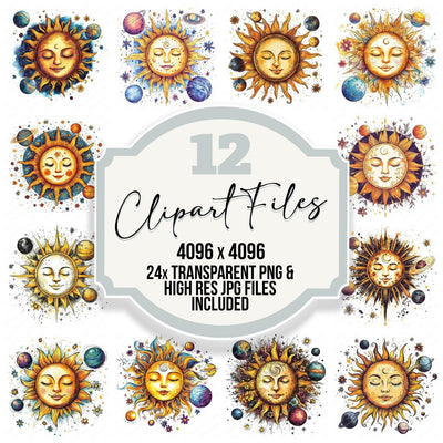 Sun Face with Orbiting Planets clipart set cover showing the designs and file details