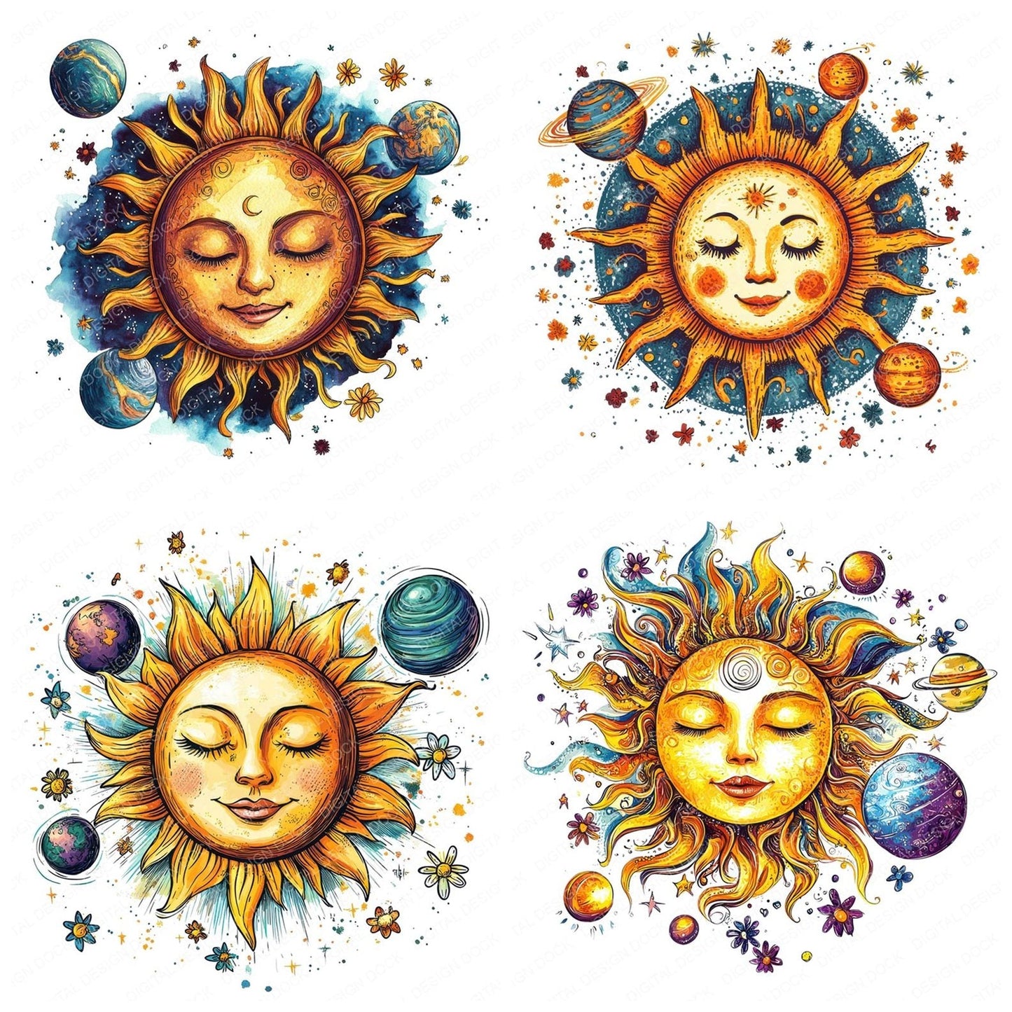 Sun Face with Orbiting Planets Clipart Set (DDD006677)